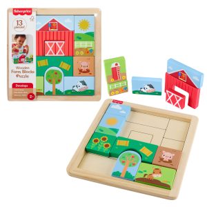 Fisher-Price Wooden Farm Blocks Puzzle Activity Toy For Toddlers & Kids. 14 Wood Pieces