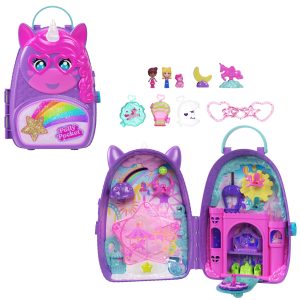 Polly Pocket Unicorn Travel Backpack Playset With 2 Micro Dolls & Fantasy Accessories. On-The-Go Play
