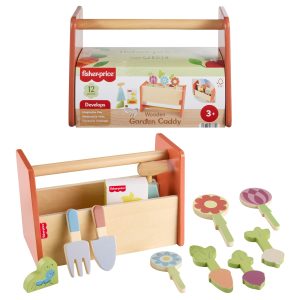 Fisher-Price Tiny Garden Wooden Garden Caddy Pretend Play Set With Tools For Kids. 12 Wood Pieces