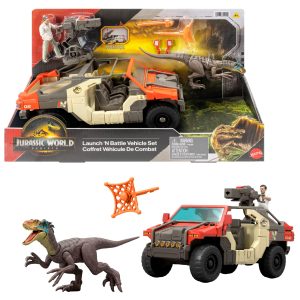 Jurassic World Rebirth Launch 'n Battle Vehicle With 1 Human & 1 Raptor Figure. Turret & Projectiles