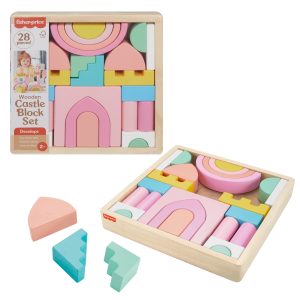 Fisher-Price Wood Toddler Toy Castle Block Set. 28 Wooden Pieces For Stacking Developmental Play Preschool Kids Ages 2+ Years