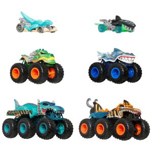 Hot Wheels Monster Trucks Sharks vs Dinos Multipack With 2 Big Rigs. 2 Toy Trucks & 2 Toy Cars