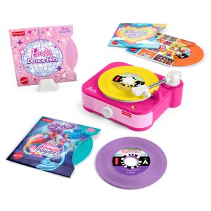 Fisher-Price Barbie Record Player Musical Toy For Preschool Pretend Play. 5 Records & Display Rack
