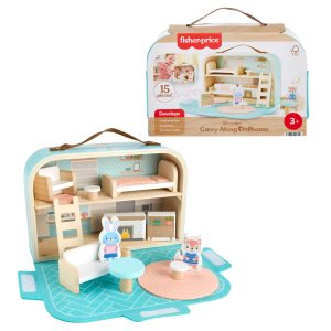 Fisher-Price Wooden Carry Along Dollhouse Portable Playset For Preschool Kids. 15 Pieces