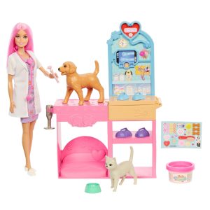 Barbie Fast Cast Veterinarian Clinic Playset With Pink Colored Hair Fashion Doll. Vet Furniture & 10+ Accessories