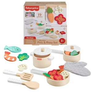 Fisher-Price Wooden Pots & Pans Set For Preschool Kitchen Pretend Play. 19 Wood Pieces