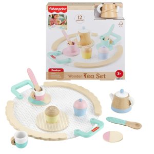 Fisher-Price Wood Pretend Play Toy Tea Set. 12-Piece Wooden Playset With Teapot. Cups & Saucers For Preschool Kids Ages 3+ Years