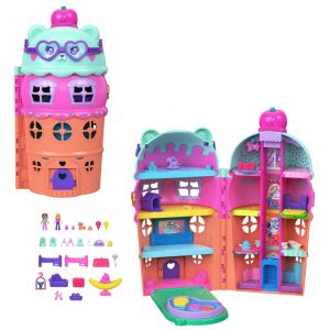 Polly Pocket Dolls And Playset. Gelato House With Elevator. Ice Cream Theme With 25+ Accessories including Furniture And Pets