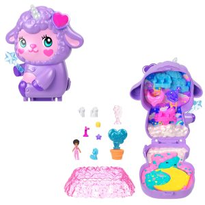 Polly Pocket Cozy Dreamland Lamb Compact Playset With 1 Micro Doll And Pet Unicorn. Travel Toy With Food & Styling Accessories