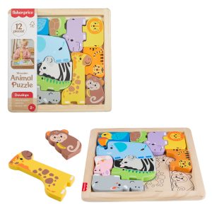 Fisher-Price Wooden Animal Puzzle. Shape-Sorting Activity For Kids. 12 Wood Blocks