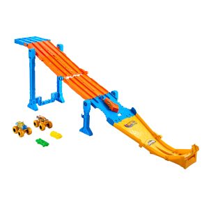 Hot Wheels Monster Trucks Dual Terrain Raceway. 4 Feet Long With 2 Toy Trucks & 2 Crushed Cars