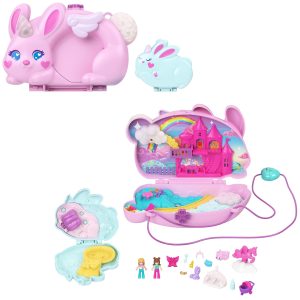 Polly Pocket 2-In-1 Bunny Fun Compact. Wearable Purse Playset With 2 Dolls & 12 Accessories Including Pets
