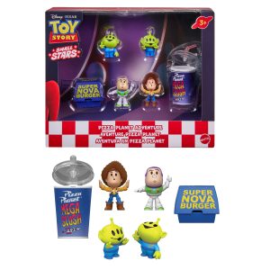 Disney And Pixar Toy Story Small Stars Pizza Planet Adventure. Stylized Woody & Buzz & 2 Aliens