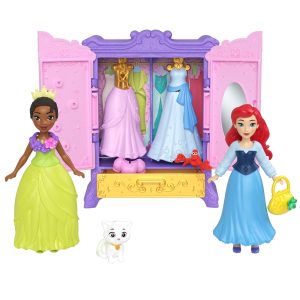 Disney Princess Royal Wardrobe Set With Ariel & Tiana Small Dolls. 4 Fashions. 2 Animals & 4 Accy
