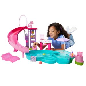 Barbie Dream Pool Playset With Slide & Bubbling Hot Tub. 20+ Accessories including Pet. Floaties & More