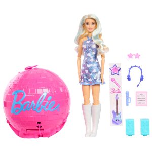 Barbie Team – Roll And Reveal – Poupée et Accessoires – Barbie Vedette Pop. Poupée Mode Blonde. 8 Surprises et Boîtier en Forme de Boule Disco