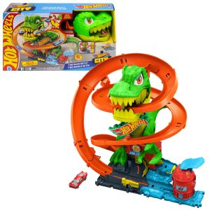 Hot Wheels City T-Rex Blaze Battle Playset & 1:64 Scale Die-Cast Car. Dinosaur Nemesis