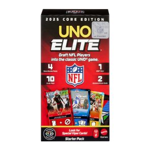 UNO Elite NFL Card Game 2025 Core Edition Starter Set With Deck. 4 Game Booster Packs & 2 Promo Cards