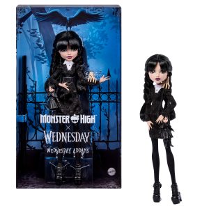 Monster High X Wednesday Collectible Doll. Wednesday Addams in Black Dress With Thing Accessory
