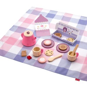 Fisher-Price Wooden Picnic Tea Set For Kids With Blanket. Wood Cups & Saucers. 18 Pieces