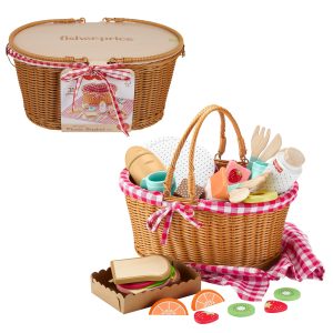 Fisher-Price Wood Pretend Play Toy Picnic Basket. 31-Piece Wooden Food Playset For Preschool Kids Ages 3+ Years