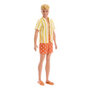Barbie Fashionistas Style Ken Doll #252 in Orange And Yellow Polka-Dot Shorts. Yellow And White Striped Shirt. Blond Hair