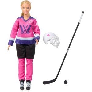 Barbie Tim Hortons PWHL Fashion Doll in Pink. Purple. & Teal Hockey Jersey. includes Hockey Accessories