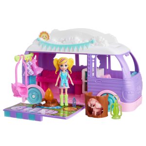 Polly Pocket Glamping Camper Van. Doll & Pet Playset. Camping & Food Accessories. Travel Toy