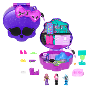 Polly Pocket Monster High Compact With 3 Micro Dolls & 10 Accessories. Opens To High School