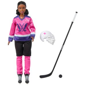 Barbie Tim Hortons PWHL Fashion Doll in Pink. Purple. & Teal Hockey Jersey. includes Hockey Accessories