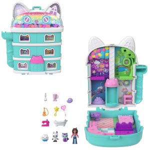 Polly Pocket Micro Dolls And Playset. Gabby's Dollhouse Compact With 9 Accessories & Pet Cat Friends
