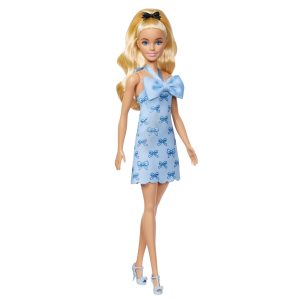 Barbie Fashionistas Doll #237 in Blue Bow Halter Dress. Blonde Ponytail With Bow Accessory