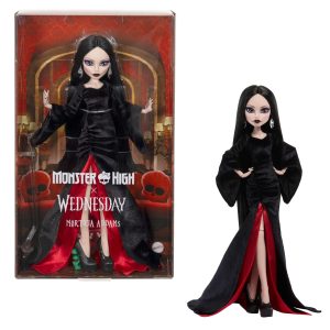 Monster High X Wednesday Collectible Doll. Morticia Addams in Black Velvet Dress