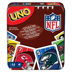 UNO NFL Card Game in Storage & Travel Tin For Kids. Adults & Family Night. Features All 32 NFL Teams