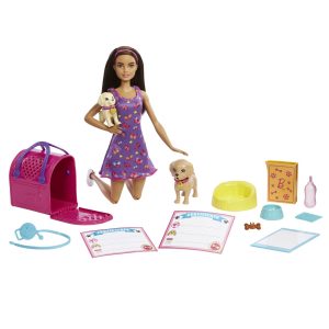 Barbie Doll And Accessories Pup Adoption Playset With Doll. 2 Puppies And Color-Change