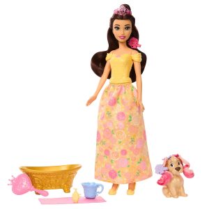 Disney Princess Bathe & Brush Belle Fashion Doll & Dog Figure With Color Change & Accessories