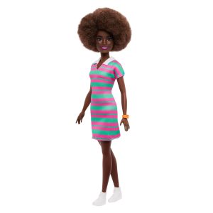Barbie Fashionistas Doll #247 With Pink And Green Striped Dress. Curly Black Hair