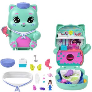 Polly Pocket Set Sail Kitty Compact Playset With 1 Micro Doll And Pet Cats. Travel Toy With Food & Styling Accessories