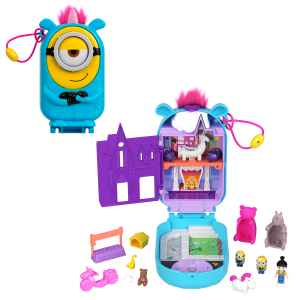 Polly Pocket Playset. Minions Compact With 9 Accessories. 1 Doll. 2 Minions And Unicorn Toy