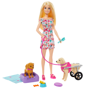 Barbie Doll With A Toy Pup And Dog in A Wheelchair. Plus Pet Accessories