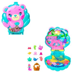 Polly Pocket Glitter Island Compact Playset With 1 Micro Mermaid Doll And Ocean Pets. Travel Toy With Themed Accessories