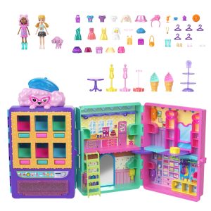 Polly Pocket Candy Style Fashion Drop Playset With 2 Dolls (3-inch). Vending Machine. 35+ Accessories
