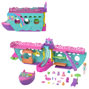 Polly Pocket Unicorn Dream Cruise Playset. Portable Boat With 1 Doll. Water Play And Color Change Accessories. 23 Total Pieces