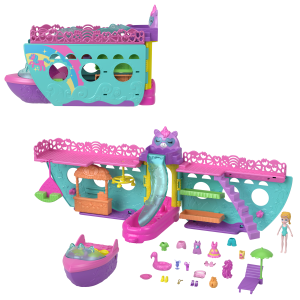 Polly Pocket Unicorn Dream Cruise Playset. Portable Boat With 1 Doll. Water Play And Color Change Accessories. 23 Total Pieces