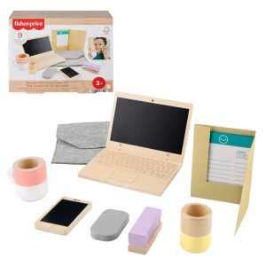 Fisher-Price Wood Pretend Play Work From Home Set. 9-Piece Office Playset With Wooden Toy Laptop & Phone For Preschool Kids Ages 3+ Years
