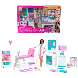 Barbie Fast Cast Clinic Playset With Brunette Barbie Doctor Doll. 4 Play Areas. 30+ Play Pieces