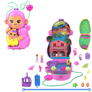 Polly Pocket Momma Monkey & Baby Playset With 2 Micro Dolls. Pets & 13 Accessories. 2-In-1 Purse & Toy