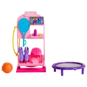 Barbie World Sport Rack Toy Playset With 9 Doll Accessories Including Trampoline. Tennis Racket. & Skates