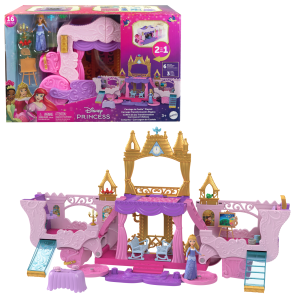Disney Princess Carriage To Castle Transforming Playset With Aurora Small Doll. 4 Figures & 3 Levels