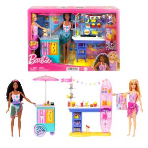 Barbie Beach Boardwalk Playset With Barbie Brooklyn & Malibu Dolls. 2 Stands & 30+ Accessories